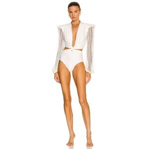 PatBO Plunge Netted Sleeve Swimsuit in White